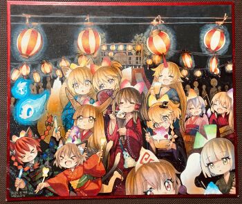 >_< 6+girls :d :q =_= ^_^ absurdres animal_ears black_bow black_hat black_kimono blonde_hair blue_kimono bow braid brown_hair cat_ears cat_tail chen closed_eyes closed_mouth commentary_request dango drinking_straw eating fang flandre_scarlet food fox_ears fox_girl fox_tail frilled_hair_tubes frills fruit gourd green_eyes green_sash grey_hair hair_bow hair_tubes hakurei_reimu hand_fan hanging_lantern hat highres hitodama holding holding_fan holding_gourd holding_spoon horns hoshiguma_yuugi ibuki_suika ice_cream japanese_clothes kaenbyou_rin kimono kirisame_marisa kitsune konpaku_youmu konpaku_youmu_(ghost) kyuubi lantern long_hair long_sleeves mini_hat mosho multiple_girls multiple_tails obi open_mouth paper_lantern pink_eyes pink_hair pink_kimono pointy_ears purple_eyes red_bow red_hair red_kimono remilia_scarlet saigyouji_yuyuko sandals sash shaved_ice short_hair side_braid single_braid single_horn skin_fang smile spoon strawberry summer_festival tail tongue tongue_out touhou traditional_media triangular_headpiece twin_braids two_tails wagashi wide_sleeves witch_hat yakumo_ran yakumo_yukari yellow_eyes yukata zouri