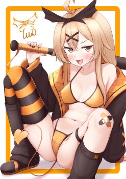 1girl absurdres baseball_bat bikini blonde_hair breasts demon_tail highres jacket long_hair medium_breasts original solo swimsuit tail thighhighs tiemu_(man190)