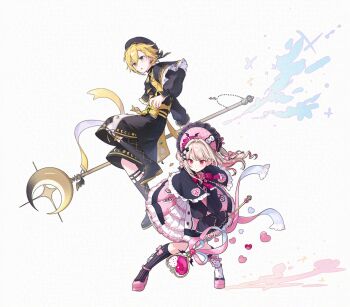 1boy 1girl absurdres ankle_strap argyle_clothes argyle_socks ascot asymmetrical_legwear black_ascot black_bow black_capelet black_hat black_ribbon black_shirt black_shoes black_shorts black_sleeves black_socks blonde_hair blunt_bangs blush bonnet bow bow_legwear brooch capelet chinstrap closed_mouth collared_shirt colored_inner_hair crescent_wand dress drill_hair earclip earrings flipped_hair floating floating_hair footwear_bow frilled_bonnet frilled_capelet frilled_dress frilled_sleeves frills full_body green_eyes grey_hair hair_between_eyes hair_intakes hair_ornament hair_ribbon hairpin hat heart heart_wand highres holding holding_wand jewelry knees_apart_feet_together leaning_forward long_hair long_sleeves looking_ahead magical_boy magical_girl makaino_ririmu mismatched_legwear multicolored_hair neck_ribbon nijisanji official_alternate_costume official_alternate_hairstyle parted_lips petticoat pink_bow pink_dress pink_hair pink_ribbon pink_shoes pink_streaks platform_shoes pointy_ears puffy_long_sleeves puffy_sleeves red_eyes red_ribbon ribbon shirt shoelaces shoes short_hair shorts sidelocks simple_background socks standing star-shaped_pupils star_(symbol) streaked_hair symbol-shaped_pupils tone_haruma two-handed two-tone_hair two_side_up uzuki_kou v-shaped_eyebrows vest virtual_youtuber waist_ribbon wand white_background white_bow white_ribbon white_socks winged_heart winged_wand x_hair_ornament yellow_ribbon yellow_vest