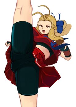 1girl ahoge bike_shorts black_shorts blonde_hair blue_bow bow capcom cowboy_shot drill_hair fingerless_gloves gloves highres kanzuki_karin kicking red_shirt red_skirt school_uniform shirt shorts skirt solo street_fighter street_fighter_zero_(series) tikuwabu_33 white_background