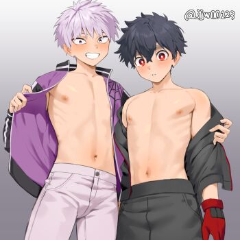 2boys black_hair g1_(jjw00123) gloves jacket kemono_jihen kusaka_kabane male_focus multiple_boys nipples open_clothes open_jacket pants red_eyes short_hair side-by-side tademaru_shiki teeth