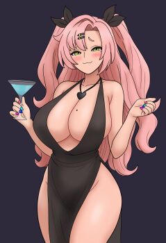 1girl :3 absurdres alternate_costume armpit_crease black_dress blush bojack198 breasts cleavage commentary cup dress drinking_glass english_commentary green_eyes hair_ornament hairclip hands_up heart_pendant highres holding holding_cup large_breasts long_hair looking_at_viewer mole mole_on_breast mole_under_eye nail_polish nicole_demara pelvic_curtain pink_hair simple_background solo two_side_up very_long_hair zenless_zone_zero