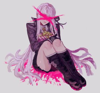 1girl black_gloves blood box braid collared_shirt commentary danganronpa:_trigger_happy_havoc danganronpa_(series) gift gift_box gloves grey_background hair_ribbon highres holding holding_gift jacket kamo_(kamooo44) kirigiri_kyoko knees knees_up long_hair long_sleeves necktie open_clothes open_jacket orange_necktie pink_blood pleated_skirt purple_hair purple_jacket ribbon shirt side_braid sitting skirt solo thighs very_long_hair x_(symbol)