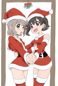 2girls absurdres bare_shoulders belt black_hair blush bork2110 breasts christmas collarbone dot_nose dress feet_out_of_frame female_focus green_eyes grey_hair hair_between_eyes hair_ornament hairclip hat highres holding holding_hands kuraue_hinata legs looking_at_viewer mistletoe multiple_girls open_mouth pom_pom_(clothes) purple_eyes santa_costume santa_dress santa_hat small_breasts standing thighhighs thighs yama_no_susume yukimura_aoi