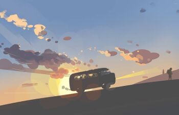 Rule 34 | backpack, bag, blue sky, bus, cloud, day, hill, morning, motor vehicle, original, painting (medium), scenery, sky, slow d, sun, sunrise, traditional media