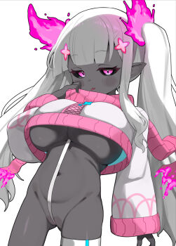 1girl black_sclera blush breasts colored_sclera colored_skin cropped_sweater grey_skin highres huge_breasts loli long_hair long_sleeves navel open_mouth oppai_loli original partially_visible_vulva pink_eyes pointy_ears revealing_clothes simple_background solo sweater templus tongue tongue_out twintails underboob white_background white_hair wide_sleeves