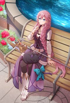 1girl 1other animal bench black_cat black_thighhighs blue_bow blue_eyes boots bow bracelet braid breasts cat celine_(sen_no_kiseki) closed_mouth commentary commission double-parted_bangs earrings eiyuu_densetsu emma_millstein english_commentary finger_to_mouth full_body hair_between_eyes hair_ornament hairpin hand_up high_heel_boots high_heels highres index_finger_raised jewelry lap_pillow large_breasts long_hair long_sleeves looking_at_viewer mage_staff outdoors park_bench pendant pink_hair sen_no_kiseki sen_no_kiseki_(series) sen_no_kiseki_iii shushing single_braid sitting sleeping staff tail tail_bow tail_ornament thighhighs very_long_hair yunaliv