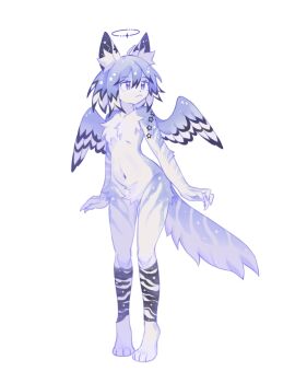 1girl androgynous animal_ear_fluff animal_ears animal_feet bird_wings blue_eyes commentary completely_nude digitigrade feathered_wings flat_chest fox_ears fox_girl fox_tail furry furry_female halo highres navel neku_boo no_nipples no_pussy nude original purple_fur purple_hair short_hair simple_background solo star_(symbol) symbol-only_commentary tail white_background white_fur wings