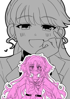 2girls @_@ blush commentary doujinshi_cover_trope_(trend) dress earrings flower fujishima_megumi fujishima_megumi_(post-graduation) hair_flower hair_ornament hand_on_own_cheek hand_on_own_face hasu_no_sora_school_uniform heart heart_earrings highres jacket jewelry link!_like!_love_live! long_sleeves love_live! multiple_girls multiple_monochrome neckerchief nervous_sweating nose_blush open_clothes open_jacket open_mouth osawa_rurino parted_bangs sailor_collar sailor_dress school_uniform sidelocks suit_jacket sweat sweater turtleneck turtleneck_sweater twintails virtual_youtuber watage_modoki winter_uniform yuri