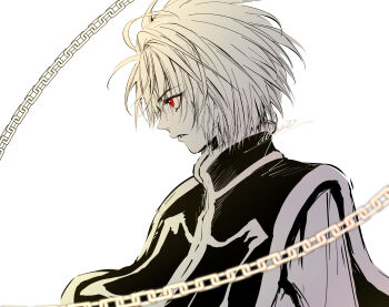 1boy absurdres aosuna chain closed_mouth commentary_request from_side highres hunter_x_hunter kurapika looking_ahead male_focus red_eyes short_hair signature simple_background solo tabard white_background
