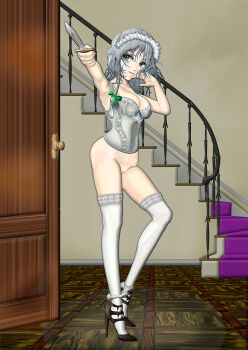 1girl blue_eyes bow braid breasts bustier commentary_request d&#039;orsay_heels door green_bow grey_hair hair_bow hand_on_own_cheek hand_on_own_face high_heels holding holding_knife izayoi_sakuya kams knife lace lace-trimmed_panties lace-trimmed_thighhighs lace_trim lingerie looking_at_viewer maid maid_headdress medium_breasts outstretched_arm panties panty_pull pointing pointing_at_viewer pussy stairs stiletto_heels thighhighs touhou twin_braids underwear white_bustier white_panties white_thighhighs
