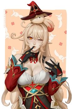 alice_(genshin_impact) black_gloves blonde_hair breasts dodoco_(genshin_impact) dress elf genshin_impact gloves hat jewelry large_breasts long_hair long_sleeves one_eye_closed orange_eyes pointy_ears red_dress ring sciamano240 thick_lips wedding_ring wink witch witch_hat
