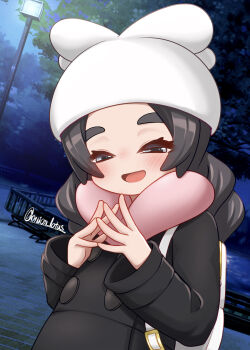 1girl :d absurdres ansha_(pokemon) backpack bag black_coat blush coat commentary_request half-closed_eyes hands_up hat highres lamppost long_sleeves looking_at_viewer night nintendo onion-lotus open_mouth outdoors pink_scarf pokemon pokemon_legends:_z-a scarf smile solo twitter_username white_bag white_hat