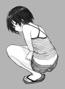 1girl ass butt_crack dimples_of_venus flip-flops jiyu2 looking_at_viewer sandals short_hair squatting tagme tank_top