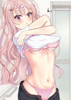 1girl arms_up axl11hikari bathroom belt black_shorts blurry blurry_background blush bra breasts brown_belt cameltoe chestnut_mouth commentary_request cowboy_shot crossed_arms eyelashes eyes_visible_through_hair floating_hair hair_between_eyes hair_ornament hairclip harumi_ena highres indoors lace lace-trimmed_panties lace_trim large_breasts limelight_lemonade_jam long_hair looking_at_viewer navel open_mouth panties parallel_hairclips partial_commentary pink_bra pink_hair pink_panties red_eyes shirt short_sleeves shorts solo star_(symbol) star_hair_ornament stomach underboob underwear undressing very_long_hair walk-in white_shirt