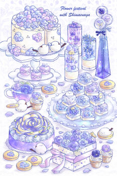bird blue_flower blue_rose cake cake_slice candy commentary_request cookie cup cupcake drinking_glass floral_background flower food food_focus food_in_mouth food_wrapper gradient_background in_food light_blush lollipop long-tailed_tit macaron mina_michiharu no_humans original petals plate purple_flower rose tea teacup tit_(bird) vase white_background white_bird