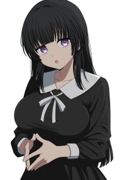 1girl :o bang_dream! black_dress black_hair blunt_bangs breasts commentary dress fingernails highres hime_cut huge_breasts long_hair looking_at_viewer noshimurin open_mouth purple_eyes shirokane_rinko simple_background solo steepled_fingers upper_body white_background