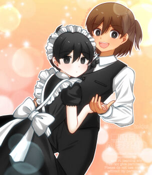 2boys alternate_costume alternate_hairstyle black_eyes black_hair black_necktie blush bright_pupils brown_hair butler closed_mouth collared_shirt commentary_request dark-skinned_male dark_skin double-parted_bangs enmaided hair_between_eyes highres hisaho holding_hands kel_(faraway)_(omori) kel_(omori) long_sleeves looking_at_viewer maid maid_headdress male_focus multiple_boys necktie omori open_mouth puffy_short_sleeves puffy_sleeves shirt short_hair short_sleeves smile sunny_(omori) teeth tongue upper_teeth_only white_pupils white_shirt yaoi