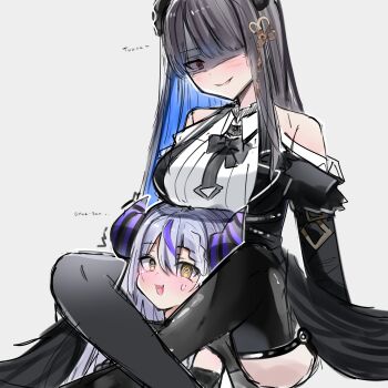 2girls :d @_@ absurdres bare_shoulders black_hair black_horns black_thighhighs black_vest black_wings blue_hair blunt_bangs blush breasts clothing_cutout colored_inner_hair demon_horns forever_moru hair_ornament highres hololive hololive_english horns la+_darknesss large_breasts long_hair low_wings multicolored_hair multiple_girls nerissa_ravencroft nerissa_ravencroft_(1st_costume) open_mouth parted_bangs partially_shaded_face red_eyes scissorhold shirt shoulder_cutout simple_background smile striped_horns sweatdrop tassel tassel_hair_ornament thighhighs vest virtual_youtuber white_background white_shirt wings yellow_eyes