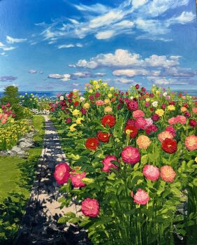 blue_sky bush cloud commentary day english_commentary flower highres horizon kate_avery no_humans ocean oil_painting_(medium) original outdoors painting_(medium) path pink_flower purple_flower red_flower road scenery sky traditional_media yellow_flower
