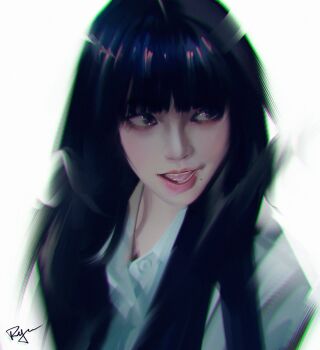 1girl aespa black_eyeliner black_hair blunt_bangs chromatic_aberration commentary eyelashes eyeliner highres jacket karina_(aespa) long_hair looking_to_the_side makeup mascara mole pink_lips ryuzhang1212 signature smile solo untranslatable_commentary