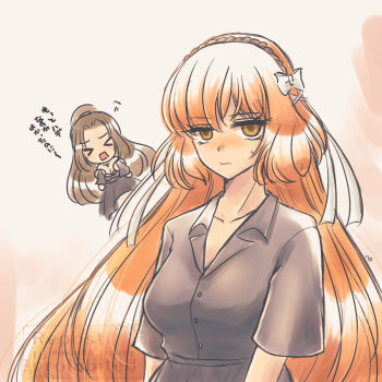 >_< 2girls 793_(oo793oo) black_dress bow brown_hair brown_hairband clenched_hands commentary_request dress freckles hair_bow hairband hands_up high_ponytail ishmael_(project_moon) limbus_company long_hair looking_at_viewer multiple_girls open_mouth orange_hair ponytail project_moon rodion_(project_moon) rope short_sleeves sidelocks simple_background sweat translation_request very_long_hair white_background white_bow