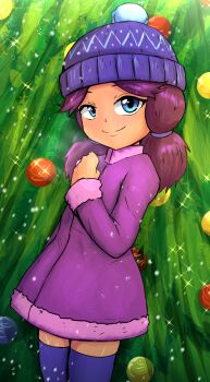 1girl absurdres beanie blue_eyes christmas christmas_tree closed_mouth coat commentary english_commentary hat highres jas_(stardew_valley) looking_at_viewer pom_pom_(clothes) purple_coat purple_hat purple_thighhighs skarlet_jewel smile solo stardew_valley thighhighs twintails winter_clothes zettai_ryouiki