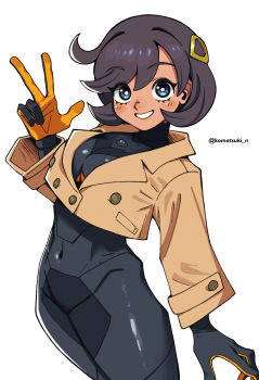 1girl absurdres black_bodysuit blue_eyes bodysuit bodysuit_under_clothes breasts bright_pupils brown_jacket covered_navel emma_(pokemon) gloves grin hair_ornament hand_up highres jacket komatsuki_n looking_at_viewer medium_breasts nintendo pokemon short_hair simple_background smile solo w white_background white_pupils