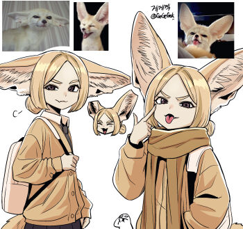 animal animal_ears backpack bag blonde_hair collared_shirt creature_and_personification fennec_fox fox fox_ears fox_girl fox_tail gegegekman highres long_sleeves looking_at_viewer necktie original personification photo_inset reference_inset scarf shirt tail tongue tongue_out
