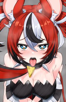 1girl absurdres animal_ear_fluff animal_ears armpit_crease black_bra black_hair black_streaks blue_eyes blush bra breasts breath bright_pupils choker cleavage dice dice_hair_ornament double-parted_bangs from_above hair_between_eyes hair_ornament hakos_baelz hakos_baelz_(1st_costume) heart heart-shaped_pupils highres hololive hololive_english kneeling large_breasts leash looking_at_viewer mouse_ears mouse_tail multicolored_hair multicolored_skirt nobarts paid_reward_available pleated_skirt pov red_hair saliva sharp_teeth skirt spiked_choker spikes steam sweat symbol-shaped_pupils tail teeth tongue tongue_out twintails underwear uneven_twintails viewer_holding_leash virtual_youtuber white_hair