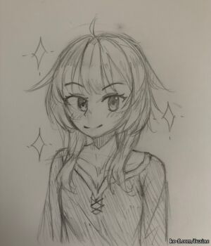 Rule 34 | 1girl, ahoge, blush, breasts, cleavage, cleavage cutout, closed mouth, clothing cutout, collarbone, cross-laced clothes, cross-laced cutout, cross-laced dress, dress, fua, graphite (medium), ko-fi username, kono subarashii sekai ni shukufuku wo!, looking at viewer, megumin, monochrome, sidelocks, simple background, small breasts, smile, solo, sparkle, swept bangs, traditional media, upper body