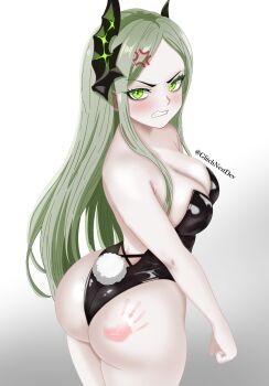 1girl anger_vein angry ass black_leotard blush breasts cleavage clenched_teeth embarrassed glitchnest goddess_of_victory:_nikke gradient_background green_eyes grey_background grey_hair handprint horns leotard leviathan_(nikke) long_hair looking_at_viewer looking_back medium_breasts playboy_bunny rabbit_tail solo spanked teeth white_background