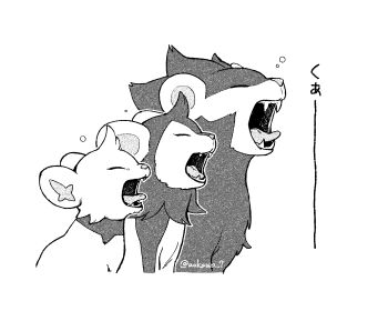 aokawa_7 body_fur closed_eyes commentary_request evolutionary_line fangs gen_4_pokemon highres luxio luxray mane monochrome nintendo no_humans open_mouth pokemon pokemon_(creature) pokemon_focus shinx simple_background tongue tongue_out translation_request twitter_username upper_body watermark white_background yawning
