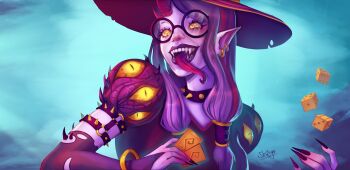 blue_background bracelet card choker collar colored_skin daemonette demon demon_girl demon_horns demonic_creature dice dress earrings elbow_gloves fingernails glasses gloves hat highres holding holding_dice horns jewelry long_fingernails long_hair long_tongue open_mouth pointy_ears purple_dress purple_hair purple_skin sidelocks skitoya spiked_collar spikes tongue warhammer_40k witch_hat yellow_eyes