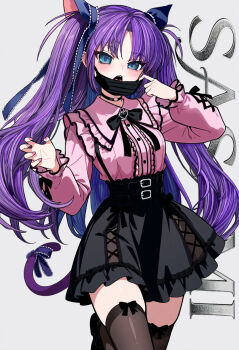 1girl alternate_costume belt black_belt black_bow black_bowtie black_choker black_skirt black_thighhighs blue_eyes blue_ribbon bow bowtie cat_tail center_frills character_name choker commentary eyelashes foot_out_of_frame footwear_bow frilled_shirt frilled_shirt_collar frilled_skirt frills gensou_roukaku grey_background hair_between_eyes hair_ribbon hands_up high-waist_skirt highres jirai_kei lace lace-trimmed_ribbon lace_trim little_busters! long_hair long_sleeves looking_at_viewer mask mask_pull mouth_mask nail_polish o-ring o-ring_choker open_mouth parted_bangs pink_nails pink_shirt purple_bow purple_hair ribbon sasasegawa_sasami shirt simple_background skirt solo standing standing_on_one_leg straight_hair tail tail_bow tail_ornament teeth thighhighs thighs two_side_up upper_teeth_only very_long_hair zettai_ryouiki