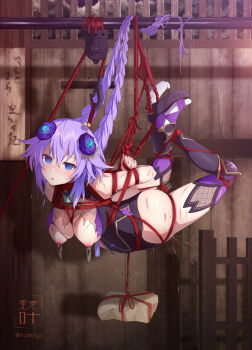 1girl absurdres arms_behind_back ass bdsm black_footwear black_leotard blood blue_eyes blush bondage bound bound_arms braid breasts breasts_out choujigen_game_neptune crying crying_with_eyes_open dildo empty_eyes flower foley_anden full_body geta hair_flower hair_ornament hanging_breasts highres hook injury knee_pads large_breasts leotard long_hair looking_at_viewer neptune_(series) nipple_clamps nipples object_insertion parted_lips power_symbol power_symbol-shaped_pupils purple_flower purple_heart_(neptunia) red_ribbon ribbon sex_toy shibari shibari_over_clothes signature solo stone suspension symbol-shaped_pupils tabi tears torn_clothes torn_leotard twin_braids vaginal vaginal_object_insertion very_long_hair wooden_wall