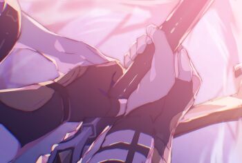 1girl 2boys arm_armor arm_ribbon black_gloves caelus_(honkai:_star_rail) chromatic_aberration commentary_request cyrene_(aedes_elysiae)_(honkai:_star_rail) cyrene_(honkai:_star_rail) dawnmaker_(honkai:_star_rail) fingerless_gloves gloves hand_focus highres holding holding_sword holding_weapon honkai:_star_rail honkai_(series) jacket long_sleeves multiple_boys phainon_(honkai:_star_rail) ribbon sword trailblazer_(honkai:_star_rail) weapon white_jacket zassyoku_dd