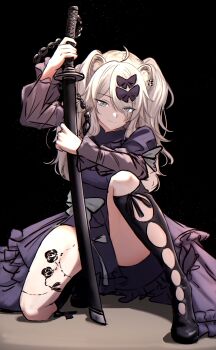 1girl ahoge animal_ear_piercing animal_ears black_background black_boots black_dress boots butterfly_hair_ornament commentary_request dress eyes_visible_through_hair flower_tattoo grey_eyes grey_hair hair_ornament hair_over_one_eye highres holding holding_sword holding_weapon hololive katana leg_tattoo legwear_cutout light_smile lion_ears lion_girl long_hair long_sleeves looking_at_viewer on_one_knee sheath sheathed shishiro_botan showgirl_skirt solo swept_bangs sword tattoo thigh_boots two_side_up virtual_youtuber weapon zexalmike