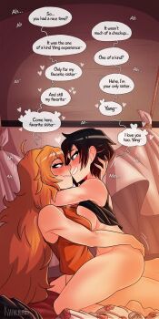 2girls absurdres ahoge black_hair black_tank_top blonde_hair breasts english_text grey_eyes highres hug incest khartemis large_breasts long_hair medium_breasts multiple_girls orange_tank_top purple_eyes ruby_rose rwby short_hair speech_bubble tank_top yang_xiao_long yuri