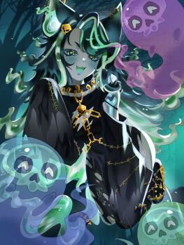 1girl :3 animal_ears black_collar black_dress blush cat_ears cat_tail chain collar colored_skin commentary commission dress english_commentary floating full_body ghost green_eyes green_hair green_skin highres icy_artzy indie_virtual_youtuber long_hair long_sleeves looking_at_viewer multicolored_hair necromata_(vtuber) open_mouth parted_bangs second-party_source smile solo spiked_collar spikes streaked_hair tail virtual_youtuber yellow_pupils