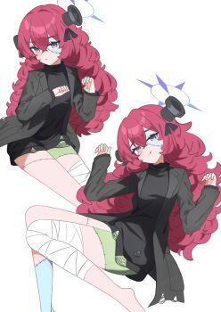 1girl absurdres anma21 black_jacket black_sweater blue_archive blush colored_skin cosplay fluffy_hair frankenstein&#039;s_monster frankenstein&#039;s_monster_(cosplay) green_skin grey_eyes grey_skin hair_between_eyes halloween halo highres iroha_(blue_archive) jacket long_hair looking_at_viewer lying object_through_head open_clothes open_jacket purple_halo red_hair screw_in_head smile solo stitched_face stitched_leg stitches sweater thighs torn_clothes torn_jacket torn_sweater turtleneck turtleneck_sweater very_long_hair