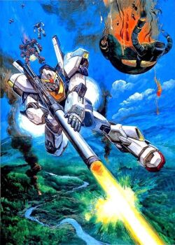 1980s_(style) aeug battle bazooka_(gundam) blue_sky burning cable cloud debris destruction fake_screenshot fire firing forest freefall gm_ii gundam gundam_mk_ii hizack machinery mecha mecha_focus mobile_suit nature oldschool painting_(medium) realistic retro_artstyle rick_dias river robot scan science_fiction sky smoke takani_yoshiyuki thrusters traditional_media v-fin zeta_gundam