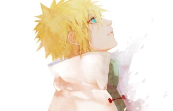 1boy blonde_hair blue_eyes cape chinese_commentary commentary_request from_side looking_up male_focus namikaze_minato naruto_(series) naruto_shippuuden ohnopp portrait solo white_cape