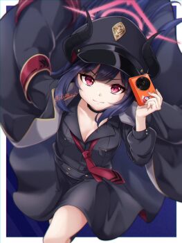 &gt;:) 1girl armband black_choker black_hair black_hat black_horns black_shirt black_skirt blue_archive blue_background border breasts buttons camera chiaki_(blue_archive) choker cleavage closed_mouth collared_shirt commentary commission demon_girl demon_horns double-breasted floating_clothes floating_hair foot_out_of_frame from_above glint hair_between_eyes hand_up hat highres holding holding_camera horns long_hair long_sleeves looking_at_viewer necktie outside_border peaked_cap red_armband red_eyes red_necktie seru_(cell_495) shirt sidelocks simple_background skeb_commission skirt slit_pupils small_breasts smile smug solo split_mouth standing straight_hair tsurime v-shaped_eyebrows white_border