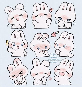 Rule 34 | > <, :d, ^^^, animal, animal focus, arrow through heart, ayu (mog), blue background, blue eyes, blush, closed eyes, closed mouth, commentary, commentary request, dated, english commentary, flower, flying sweatdrops, holding, holding stuffed toy, mixed-language commentary, multiple views, no humans, nose blush, notice lines, open mouth, original, rabbit, signature, simple background, smile, squiggle, stuffed animal, stuffed rabbit, stuffed toy, sweat, watermark