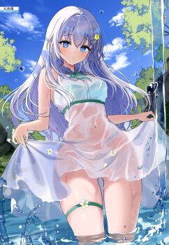 1girl absurdres artist_name blue_eyes blue_sky blush bra bra_visible_through_clothes breasts cloud cloudy_sky cowboy_shot day dengeki_moeoh dress gluteal_fold green_bra green_ribbon hair_ornament hairpin highres long_hair looking_at_viewer magazine_scan medium_breasts mole mole_on_thigh navel neck_ribbon niwata0 no_panties original outdoors page_number parted_lips ribbon scan see-through_clothes see-through_dress shiny_skin skirt_hold sky sleeveless sleeveless_dress solo standing straight_hair thigh_strap third-party_source tree underwear wading water water_drop wet wet_clothes wet_dress white_dress white_hair