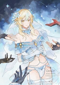 1girl 5boys black_gloves blonde_hair blue_shirt breasts closed_mouth fingerless_gloves fishnets flower genshin_impact gloves hair_between_eyes hair_flower hair_ornament highres lumine_(genshin_impact) medium_breasts midriff multiple_boys panties quinny_il shirt smile stomach thighhighs underwear veil white_gloves white_panties white_sleeves white_thighhighs white_veil yellow_eyes