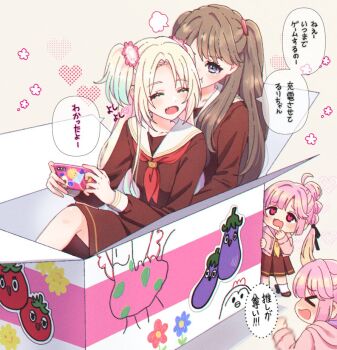 &gt;_&lt; 4girls :d ^_^ ahoge anyoji_hime aqua_hair black_ribbon blonde_hair blunt_bangs blush box brown_dress brown_hair cardboard_box clenched_hand closed_eyes commentary doodles dress drooling dual_persona fang flower flower_symbol fujishima_megumi gradient_hair hair_flower hair_ornament hair_ribbon hasu_no_sora_school_uniform heart heart-shaped_pupils himejoshi holding holding_phone hood hooded_jacket in_box in_container jacket link!_like!_love_live! long_hair long_sleeves looking_at_another love_live! medium_dress mini_person minigirl mira-cra_park! motion_blur mouth_drool multi-tied_hair multicolored_hair multiple_girls neckerchief open_clothes open_jacket open_mouth osawa_rurino osawa_rurino&#039;s_cardboard_box parted_bangs phone pink_flower pink_hair pink_jacket pleated_dress ponytail pout purple_eyes red_neckerchief ribbon sailor_collar sailor_dress school_uniform sidelocks sitting sitting_on_lap sitting_on_person smile speech_bubble split_mouth standing sticker swept_bangs symbol-shaped_pupils translation_request twintails two_side_up very_long_hair virtual_youtuber white_sailor_collar winter_uniform yellow_neckerchief yoon_(yoon_lovelive) yuri