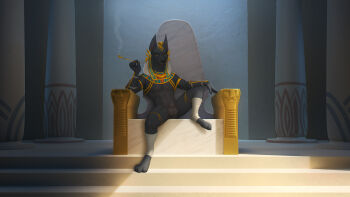 1boy ancient_egyptian_clothes anubis_(mythology) black_fur digitigrade dog_boy egyptian_mythology furry highres holding holding_smoking_pipe indoors jackal leg_up looking_at_viewer male_focus non-web_source nude penis sitting sitting_on_throne smoking_pipe solo stairs sunlight testicles zaush