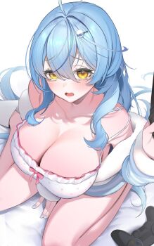 1girl blue_hair blush breasts camisole cleavage collarbone controller dokkumaa game_controller hair_ornament hairclip highres hololive jacket large_breasts long_hair open_mouth pajamas solo virtual_youtuber yellow_eyes yukihana_lamy yukihana_lamy_(roomwear)